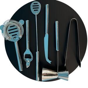Stainless Steel Bar Tools Six Piece Set and Stand Cocktail Party Bartender Drink